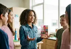 A student confidently leading a small group of classmates