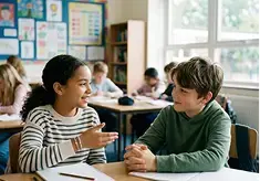 A student explaining an idea clearly to a classmate