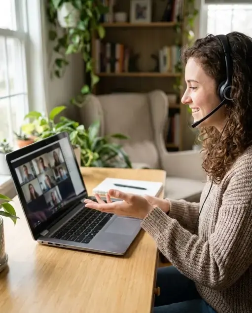 A teacher smiling while teaching a live online class of students on her laptop