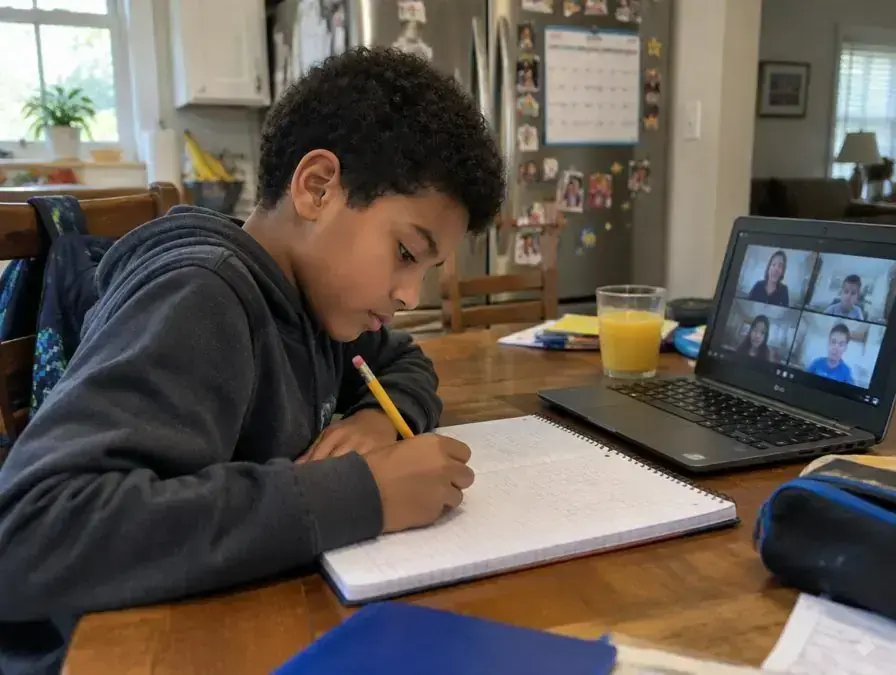 A boy in a headset raises his hand in a live online class at his desk