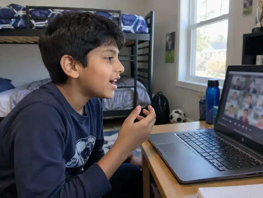 A boy in a headset raises his hand in a live online class at his desk
