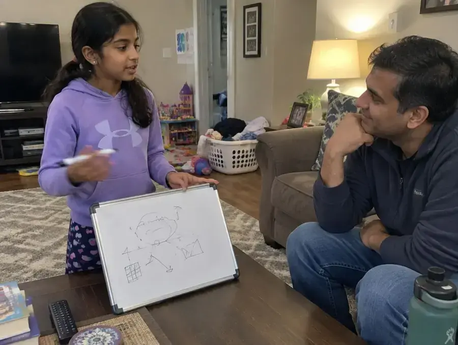 A girl explains an idea on a small whiteboard while her dad listens