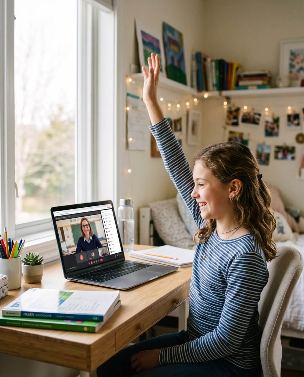 A student raises her hand during a live online math class, her teacher visible on the laptop screen.