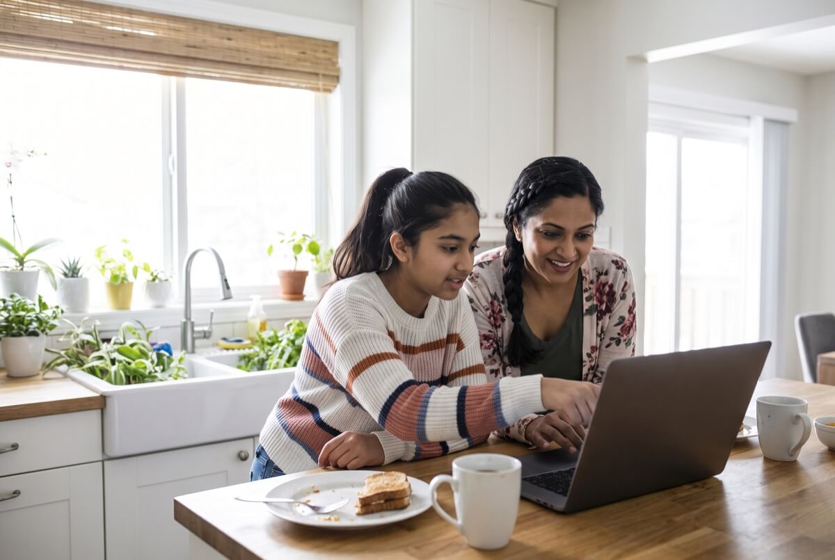 A mother and her daughter at the kitchen table, working through a live online class together.
