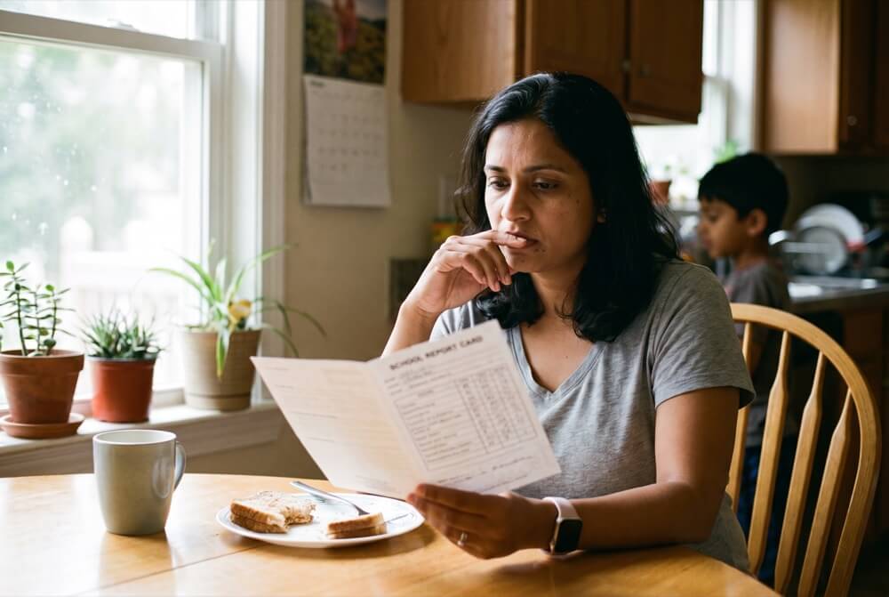 A parent at the kitchen table, reading her child's report card.
