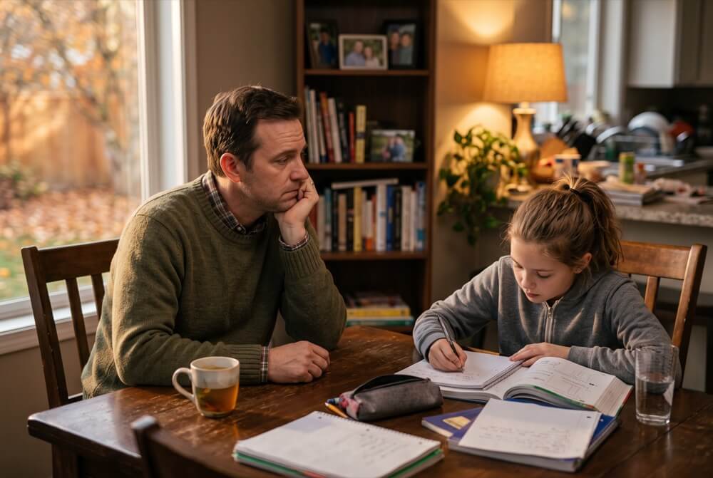 A parent watching his child work at the dining table.