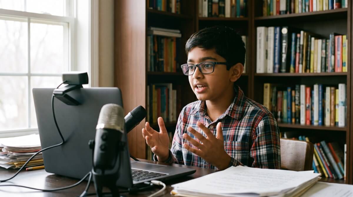 A student explains his reasoning aloud during a live online class.