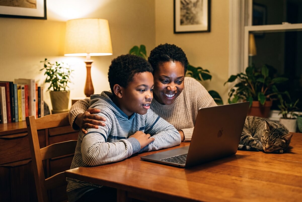 A parent and her son look at his progress report together at home.