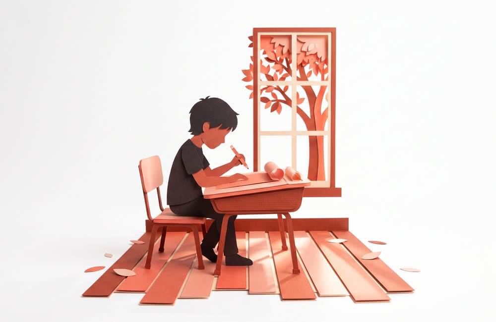 Paper-craft illustration: a child at a desk with a test paper and a pencil.