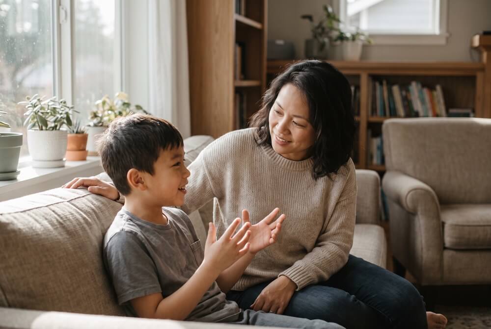 A parent listens as her son talks, sitting together on the sofa at home.