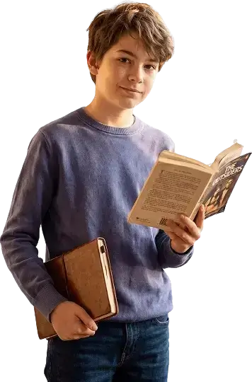 A grade ahead in reading and writing — and the lead holds, year over year. By middle school, they're <em>writing at the top of the class.</em> By high school, college essays write themselves. Six-month guarantee — or every dollar back.