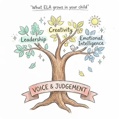 A child reading and writing with judgement — the human skill AI can't originate.
