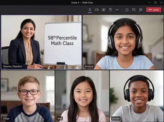 A live online math class on iPad — Today's topic: Expressions & Equations · 3x + 7 = 22. One teacher and four students on screen.