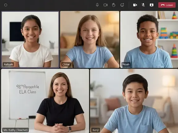 A live online ELA class on iPad — Today's topic: Figurative Language. One teacher and four students on screen.