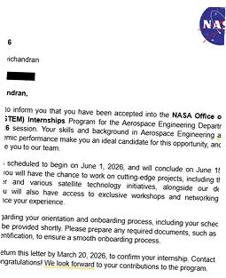 Shri Shreshta's NASA OSTEM Internship acceptance letter for the Aerospace Engineering Department.