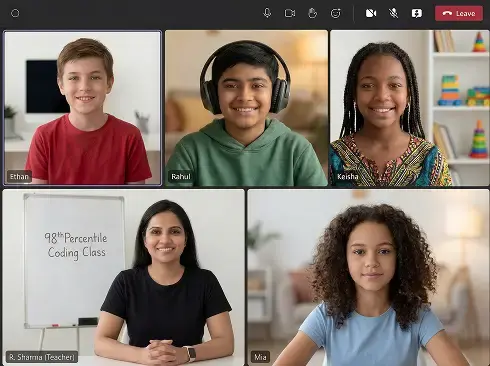 A live online 98thPercentile class on iPad, one instructor and four students on screen during a 50-minute live lesson.